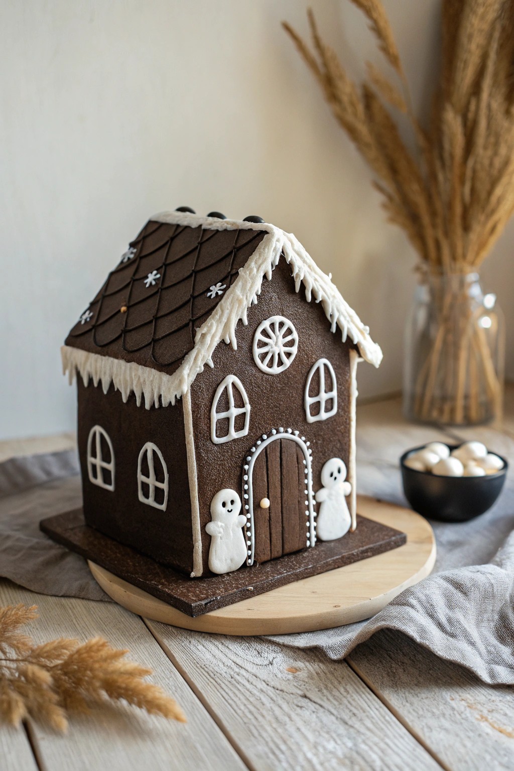 Scandi-boho haunted gingerbread house—spooky, stylish, and handcrafted.