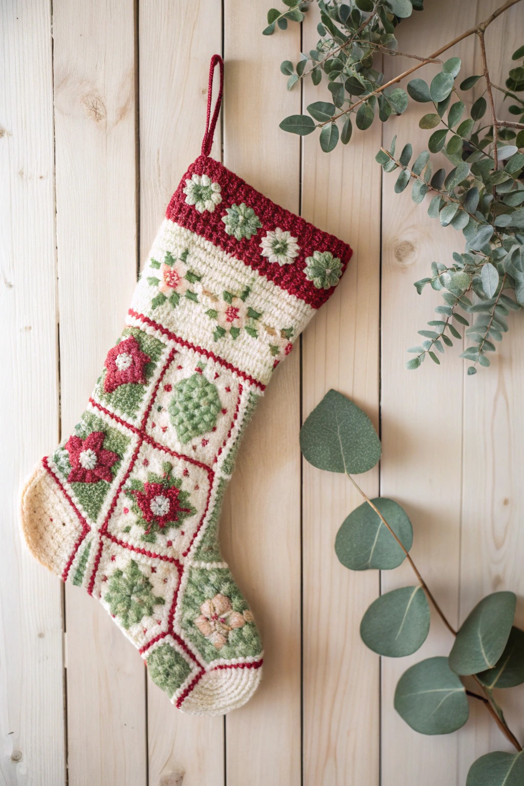 Handmade granny square stocking—festive charm meets Scandinavian simplicity.