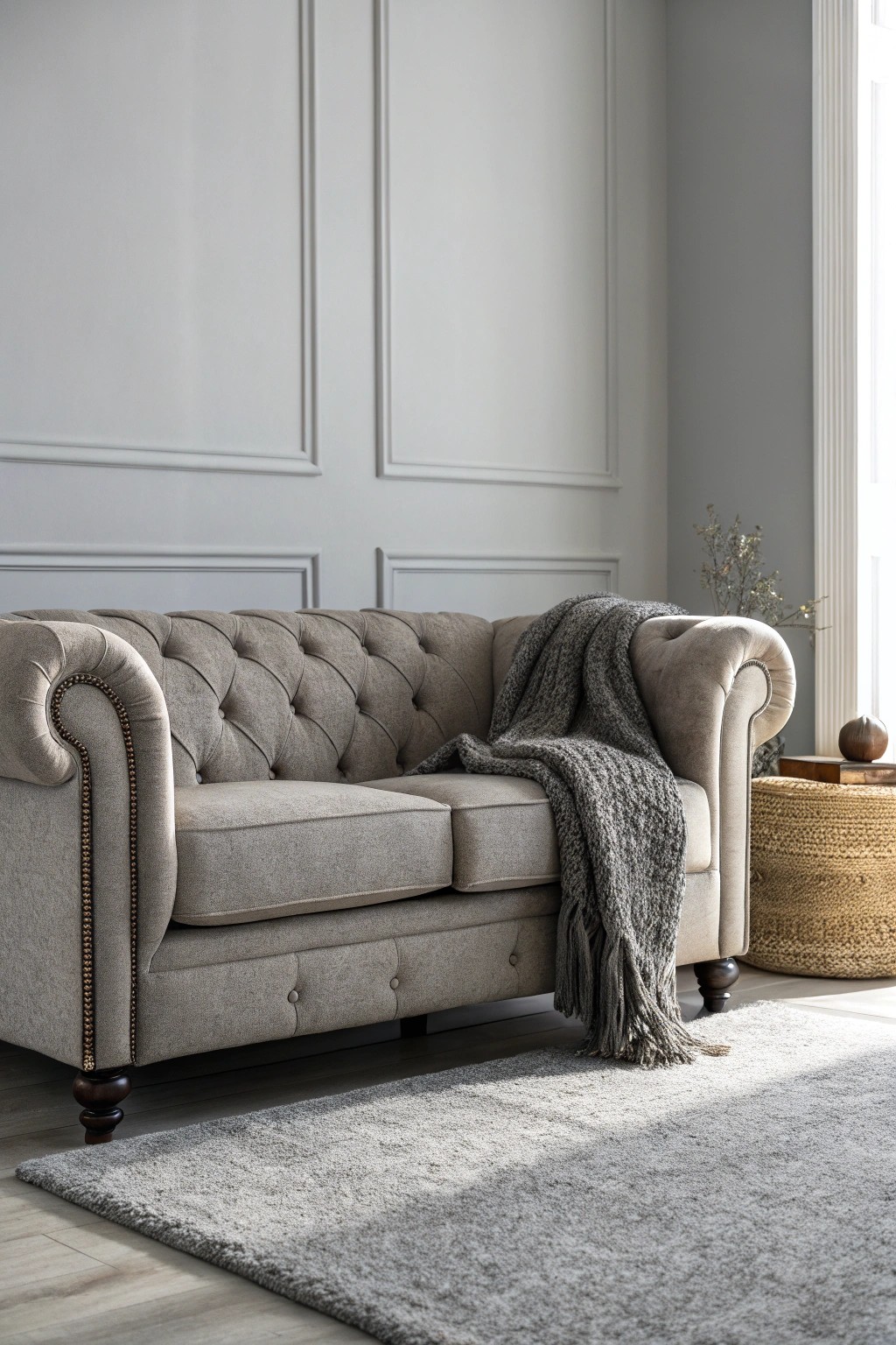 Layering shades of grey for a serene, monochrome living room retreat.