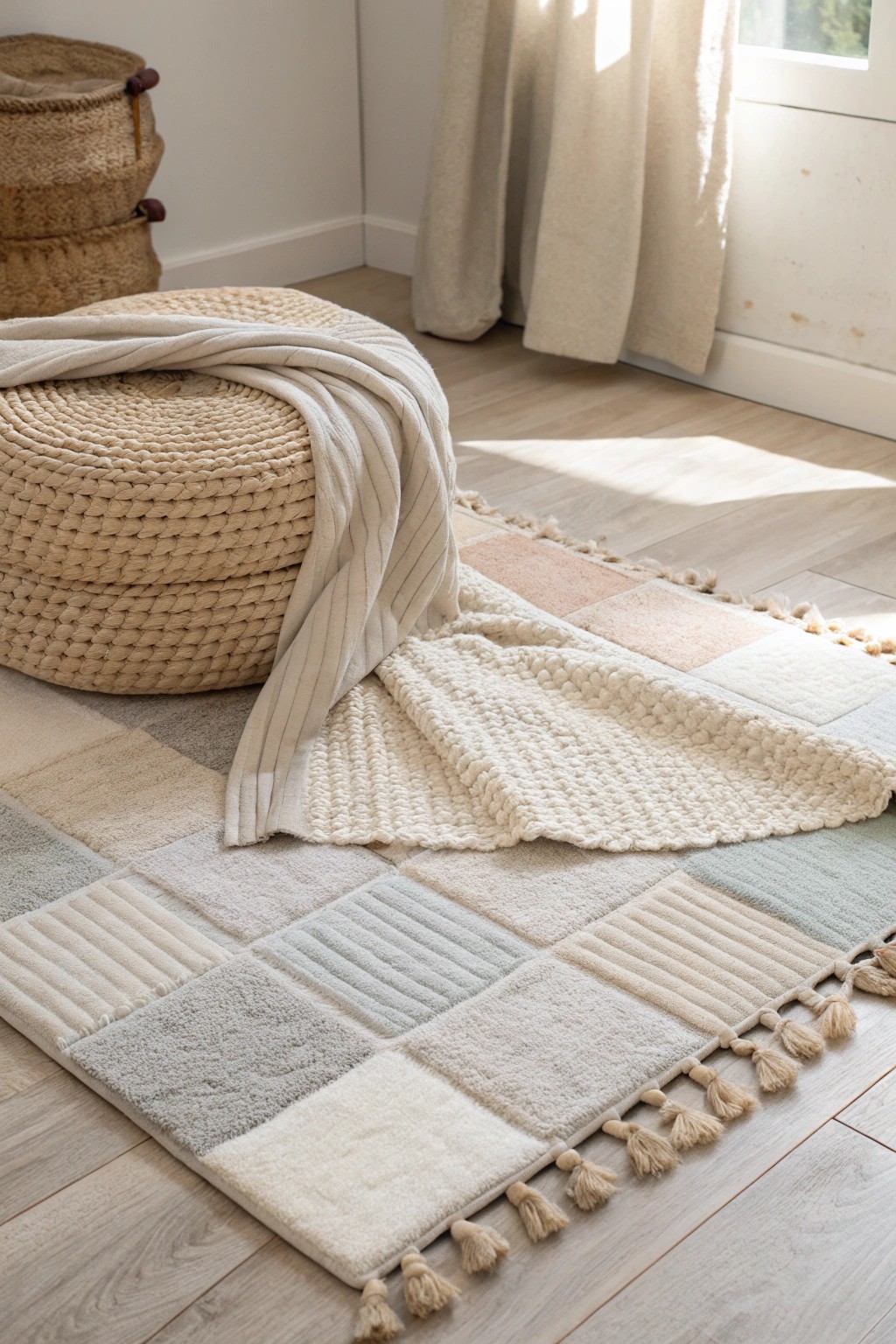 Cozy layers: soft rugs and handmade cushions for a dreamy kids' room.