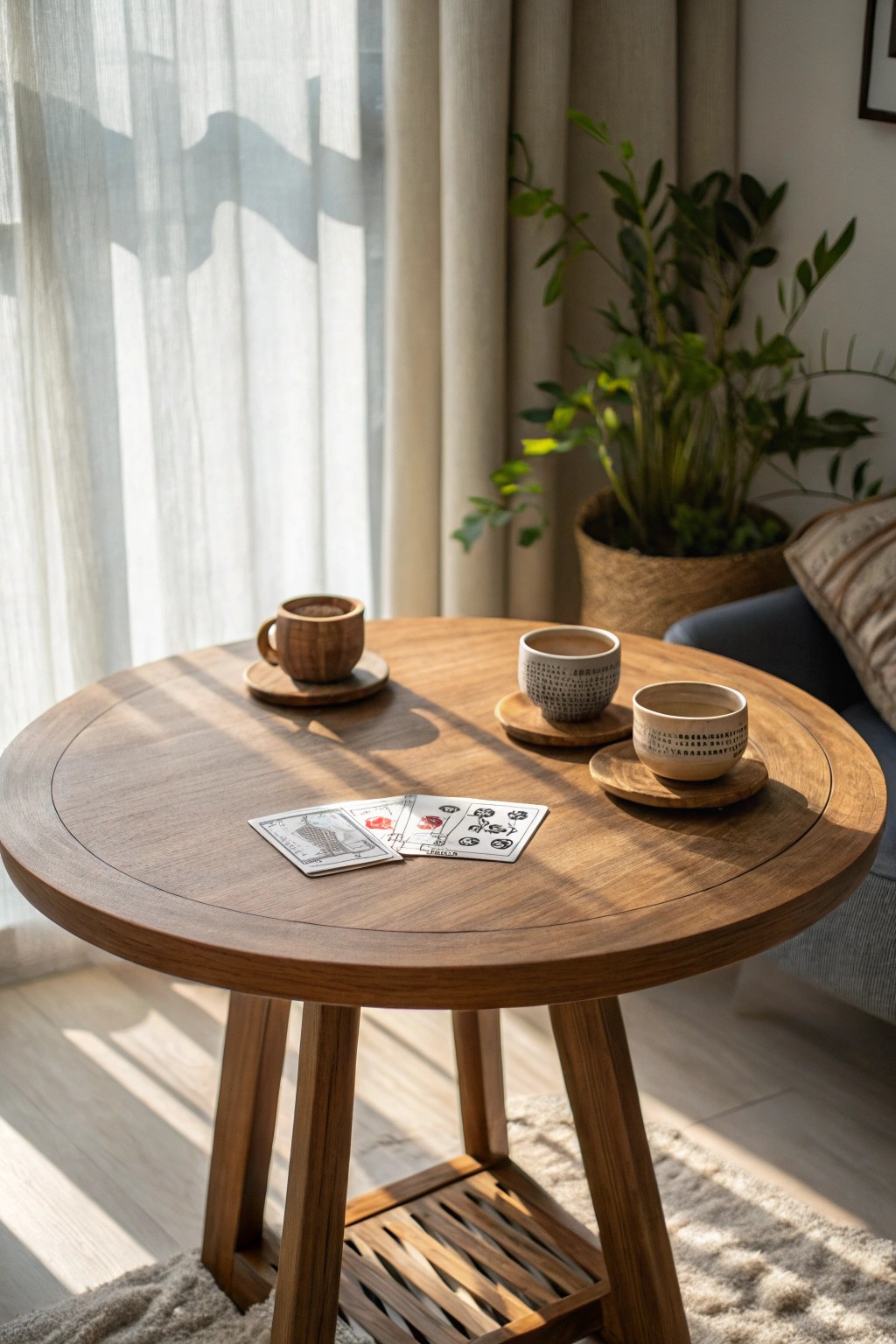 A handcrafted game table transforms a living room corner into a welcoming retreat.