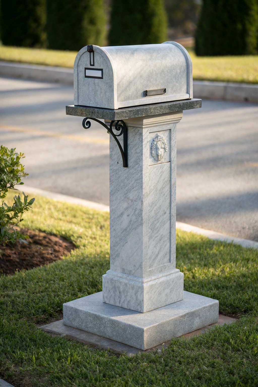 Timeless elegance: a handcrafted granite mailbox post for lasting curb appeal.