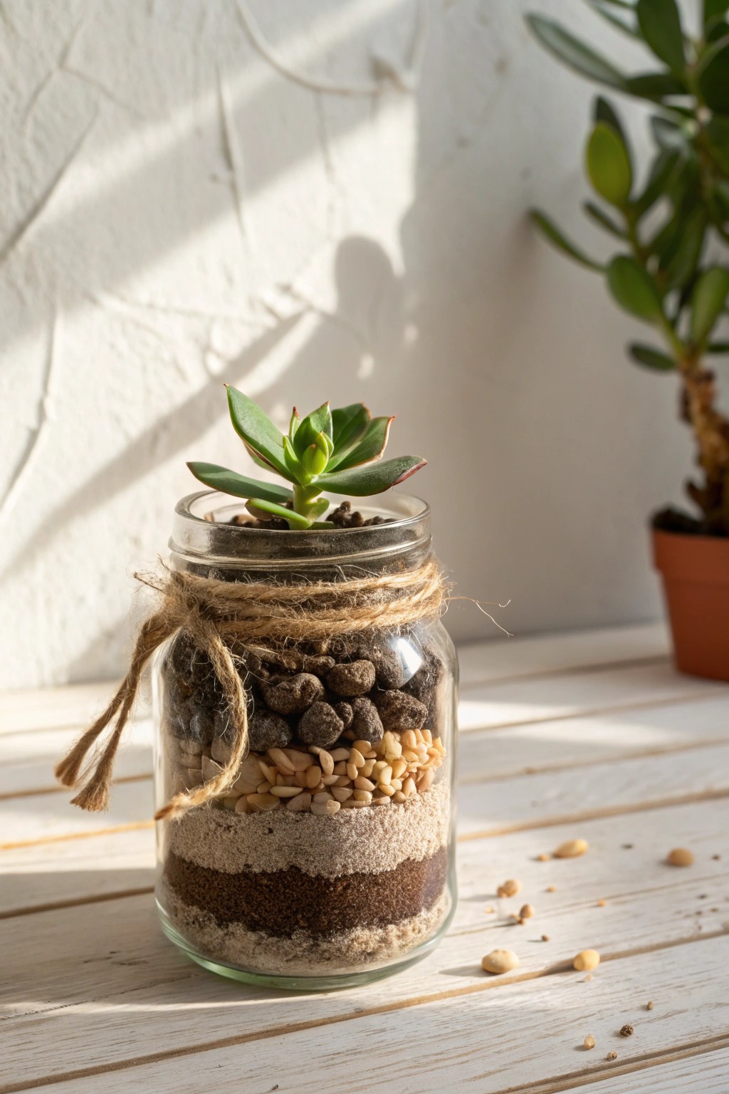 Bring a touch of nature to your desk with this charming mini terrarium in a mason jar.