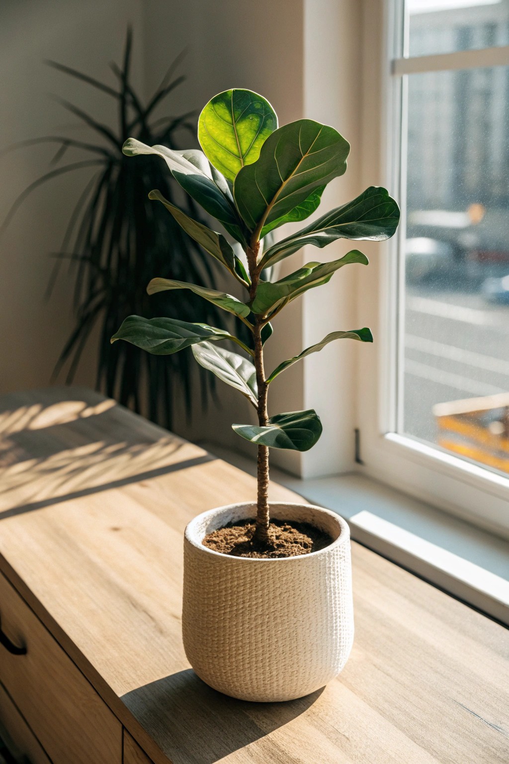 Elevate your workspace with the timeless beauty of a fiddle-leaf fig.