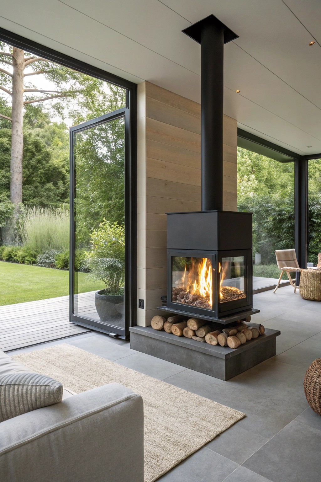 Seamless warmth: a modern see-through fireplace connects indoors and outdoors in natural style.