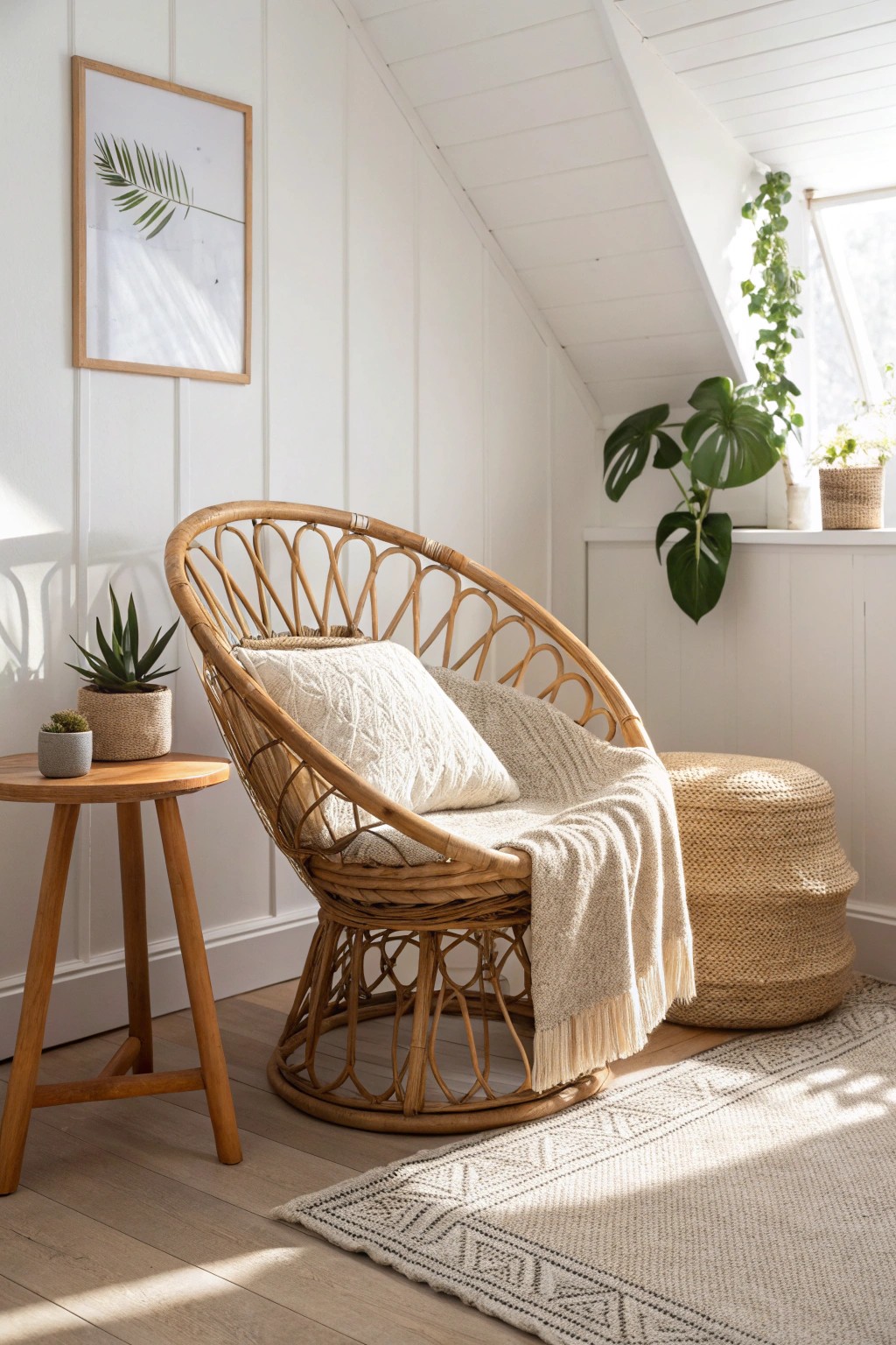 Invite nature in—rattan, wood, and greenery create a calming, modern retreat.