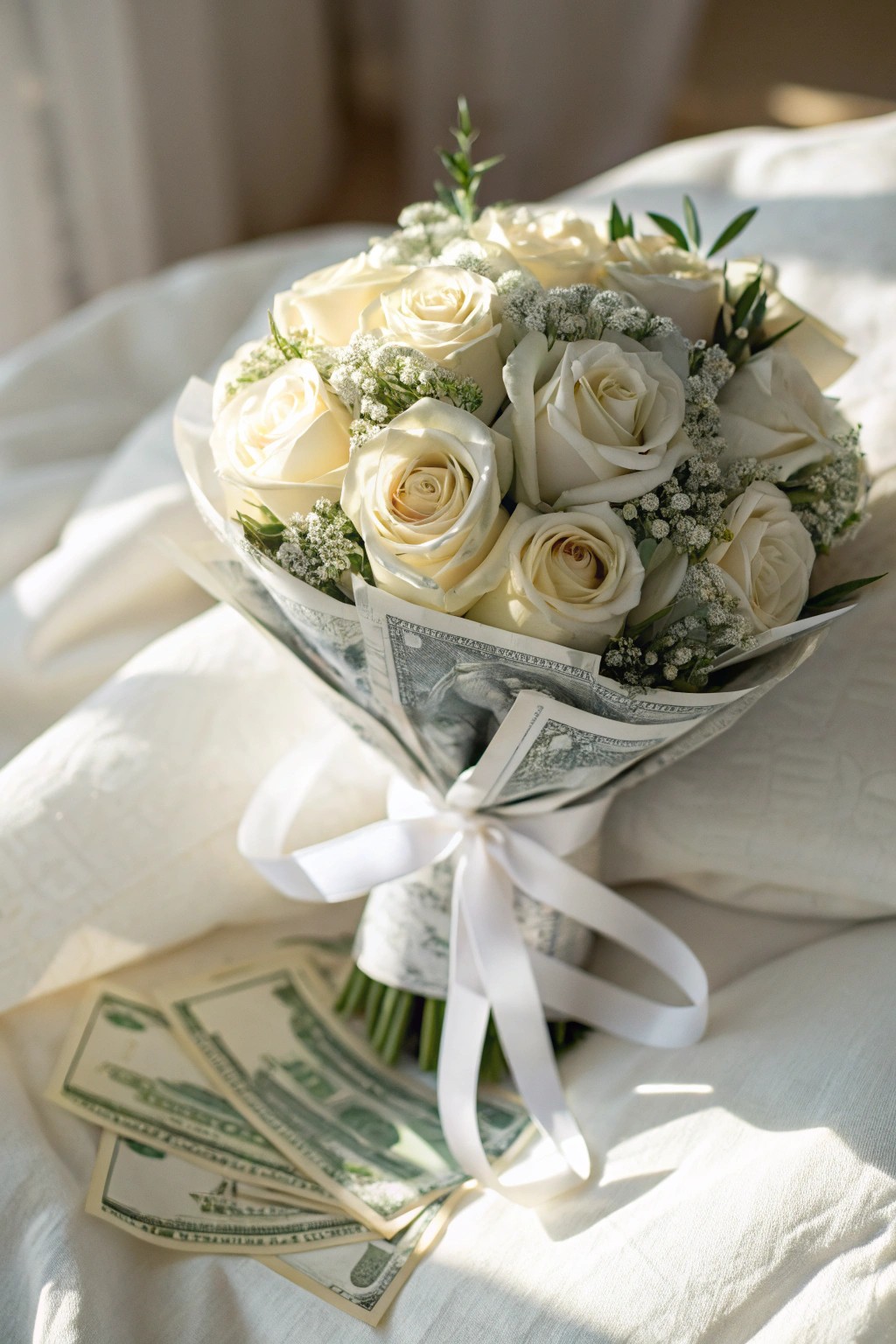 Elegant wedding wishes: a minimalist money bouquet with white roses and silver accents.