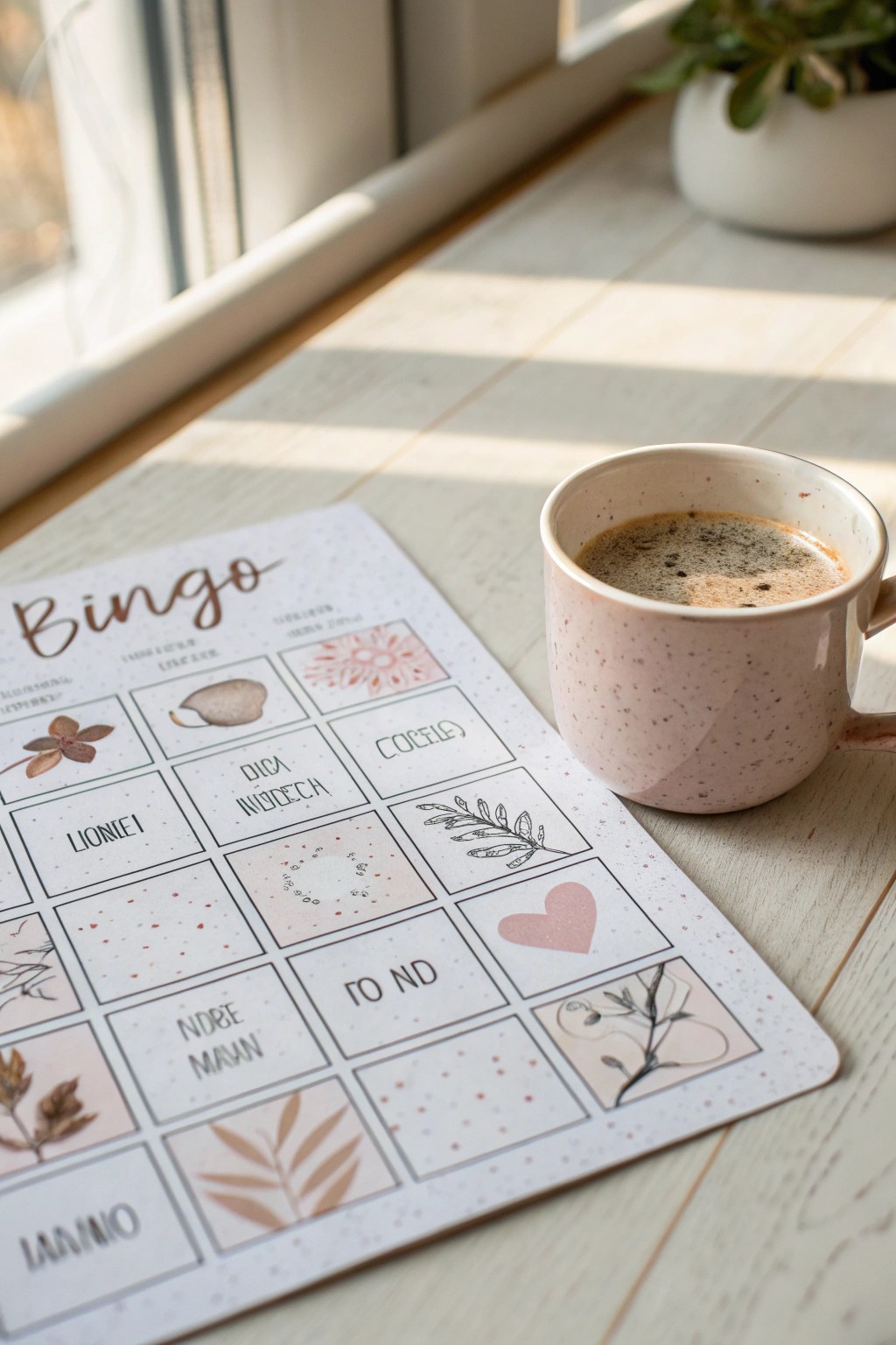 Chic movie night essentials: a handcrafted bingo card, cozy coffee, and a touch of boho flair.
