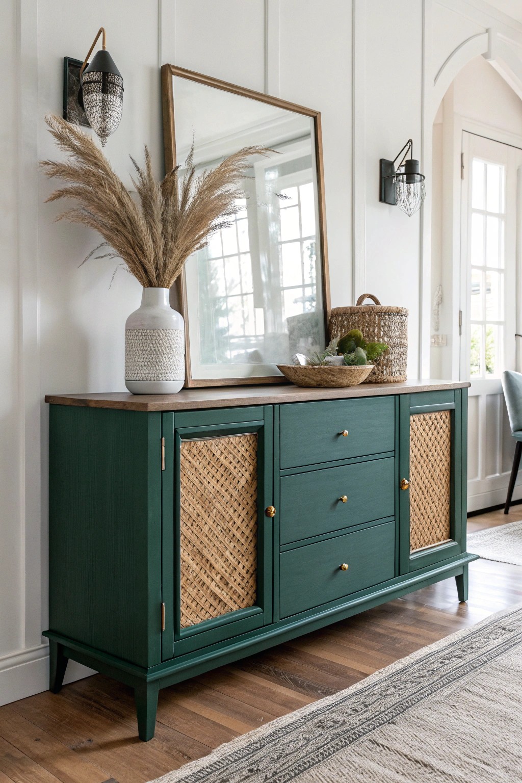Elevate your dining space with a handcrafted emerald green buffet—where Scandinavian simplicity meets boho charm.