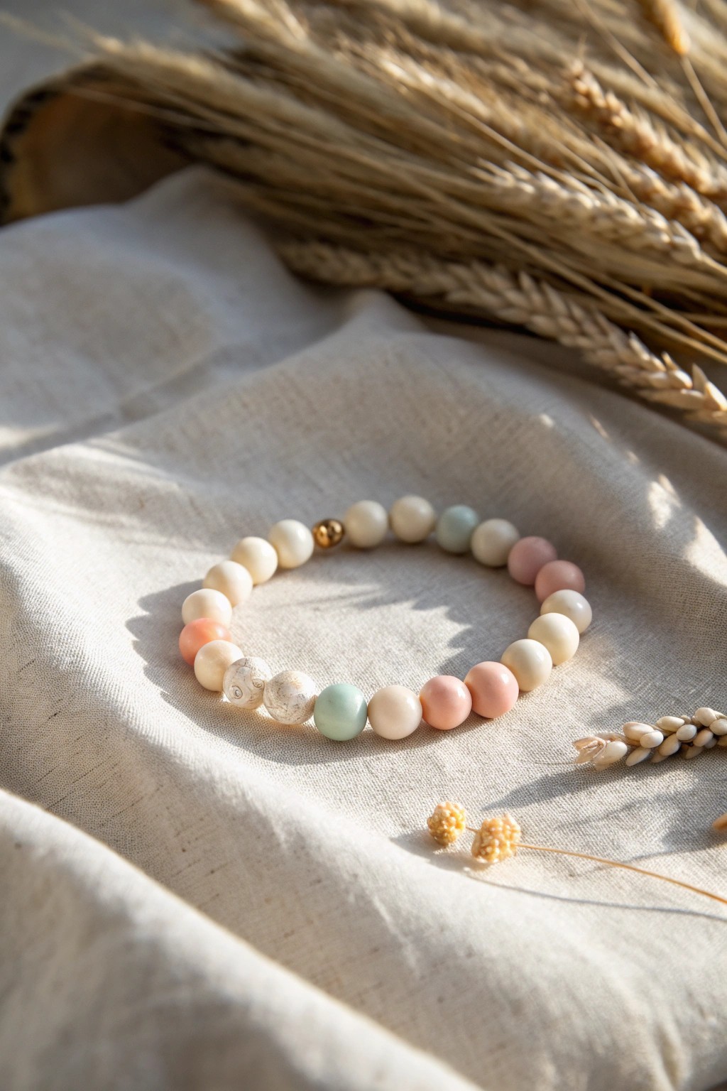 A touch of glow: minimalist clay bead bracelet with a secret nighttime sparkle.