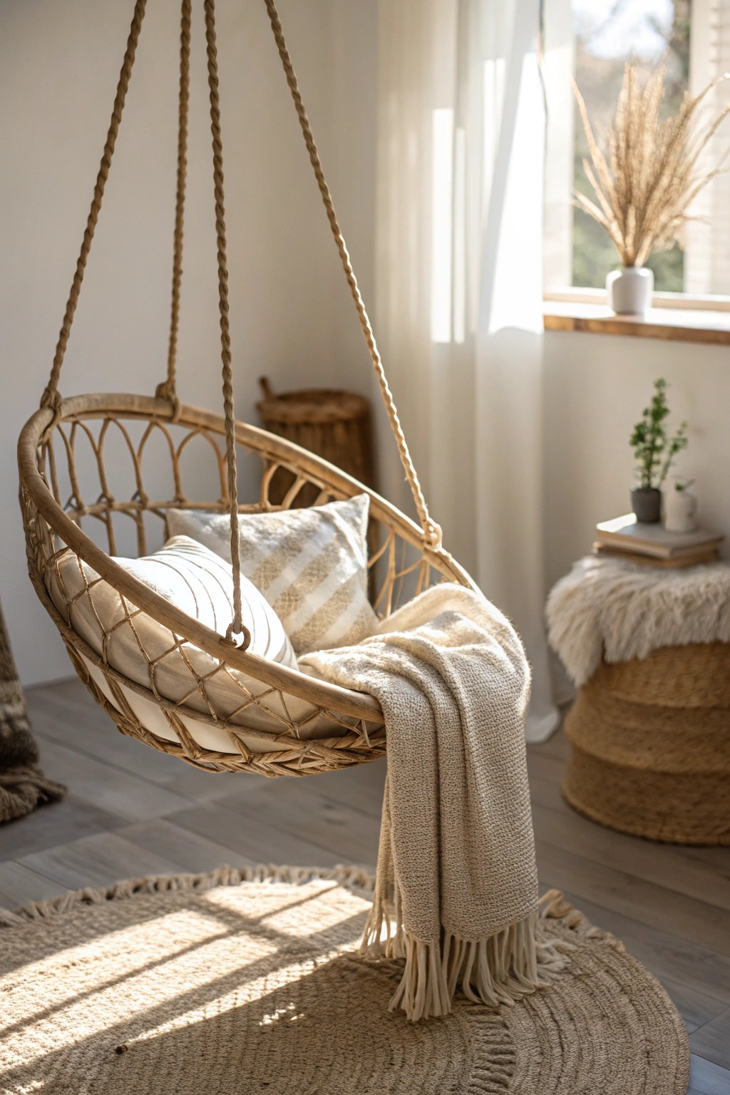 Float away with a cozy swinging chair reading retreat.