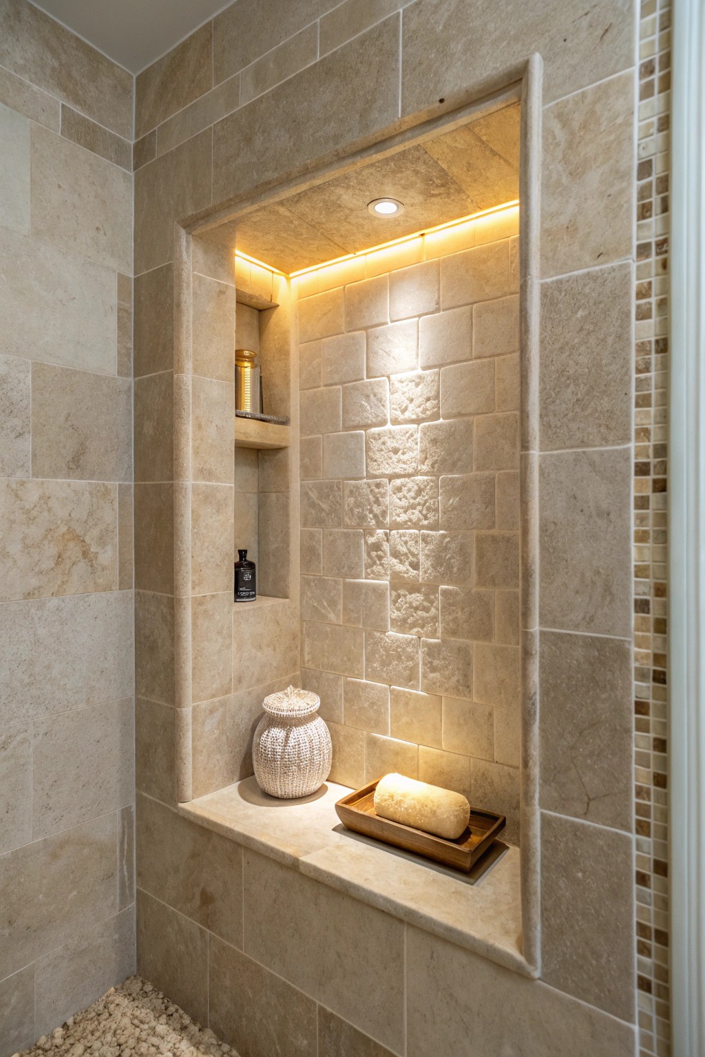 Warm LED lighting transforms a handcrafted shower niche into a serene focal point.