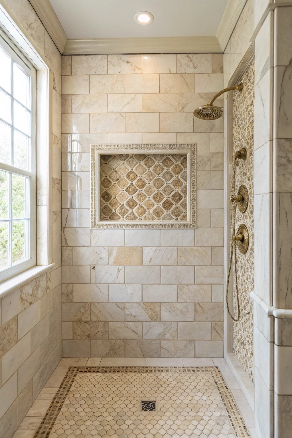 Effortlessly eclectic: blending marble and zellige tiles for a shower with unique personality.
