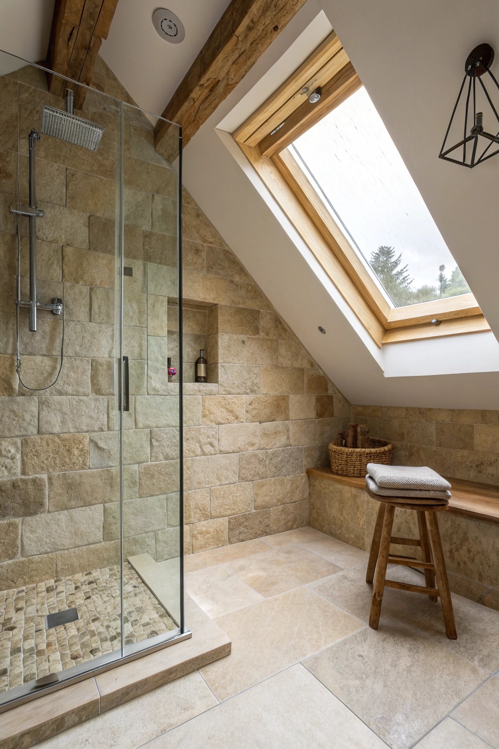 Cozy walk-in shower perfectly tucked under a charming sloped ceiling.
