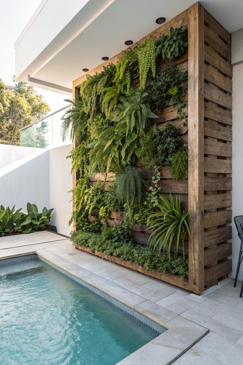 Elevate your small pool oasis with a stunning succulent living wall.