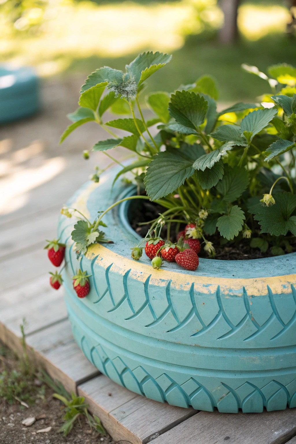 Brighten your garden with a charming painted tire strawberry planter!