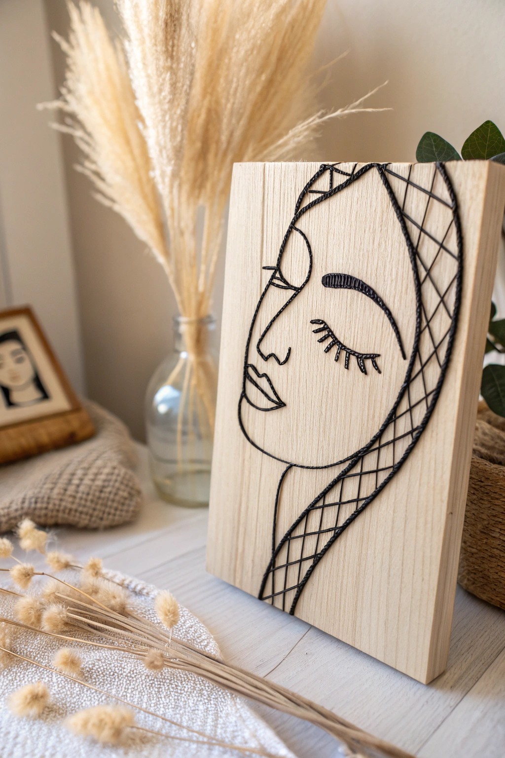 Chic minimalist string art: abstract faces crafted with bold lines for instant gallery vibes.