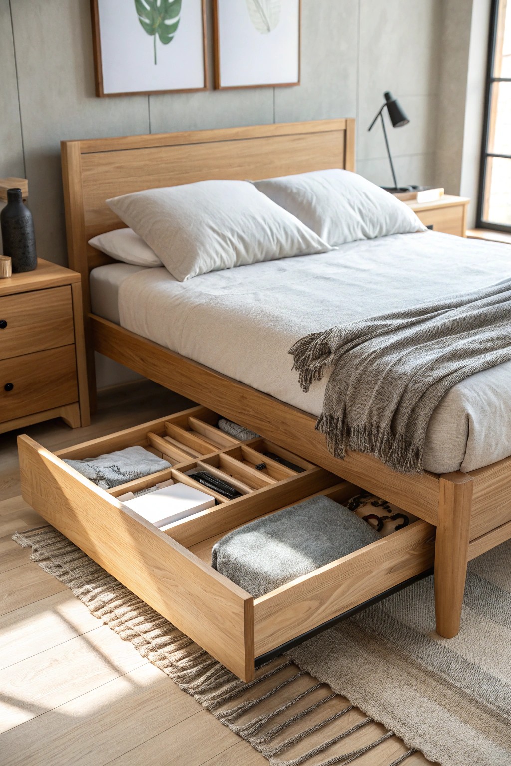 Effortless studio living: hidden under-bed storage blends style with function.