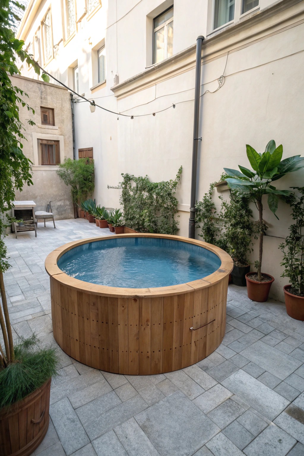 Urban serenity: A handcrafted wooden pool transforms a small city courtyard into a cozy oasis.