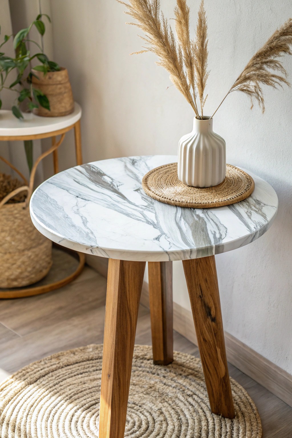 Transform your space with a chic faux marble tabletop—Scandi minimalism meets boho beauty.