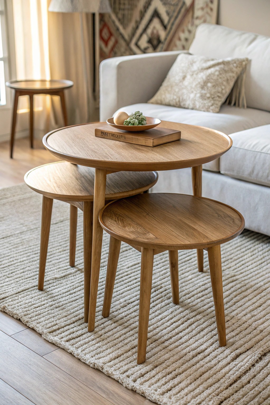 Effortless style: round nesting tables bring beauty and flow to small living rooms.