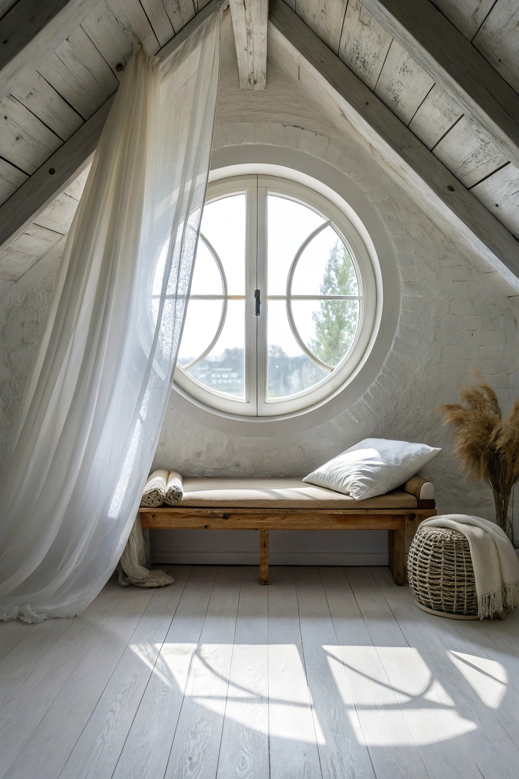 Let a round attic window shine as your bedroom’s enchanting centerpiece.