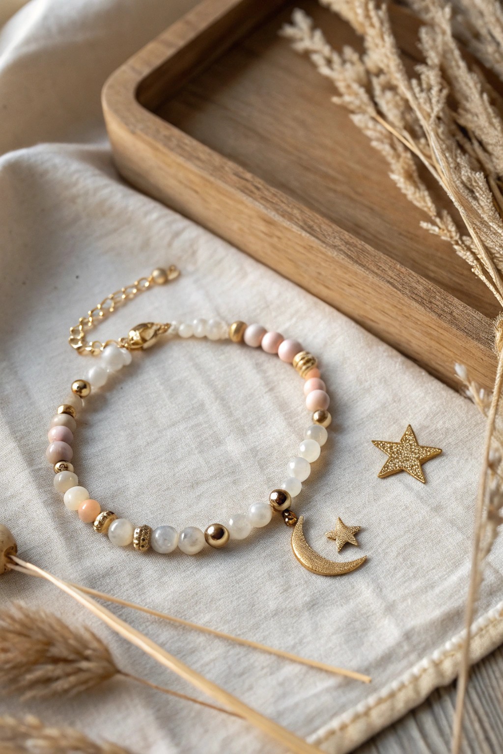 Celestial charm: A star & moon bead bracelet, crafted for dreamy, effortless style.