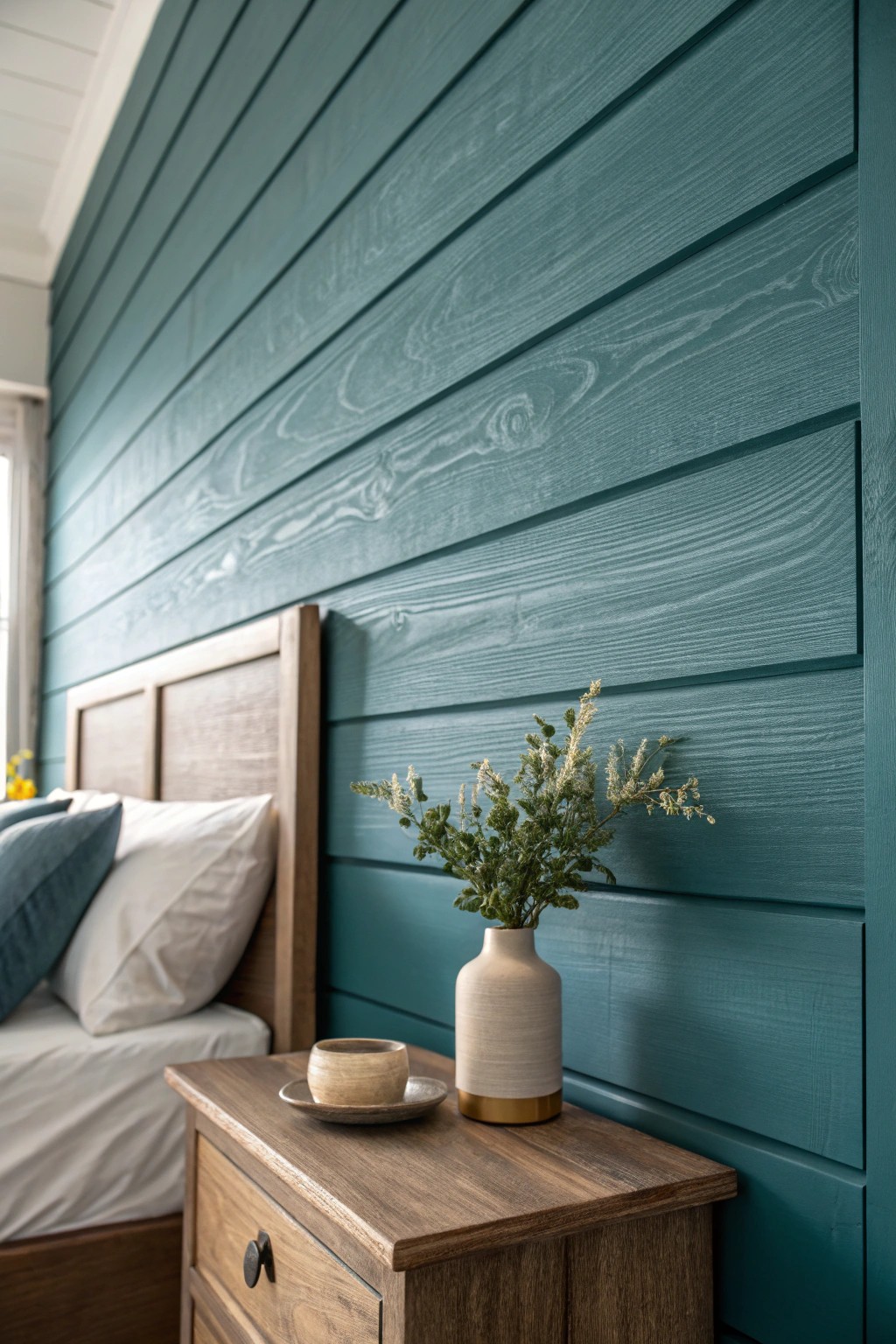 Elevate your bedroom with bold, layered shiplap in unexpected deep hues—where simplicity meets striking style.