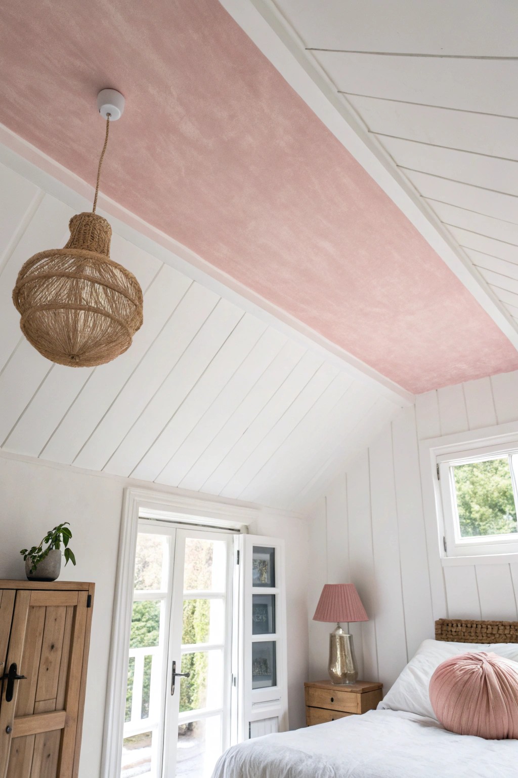 A dreamy blush-pink ceiling adds a whimsical, cozy touch to your bedroom sanctuary.