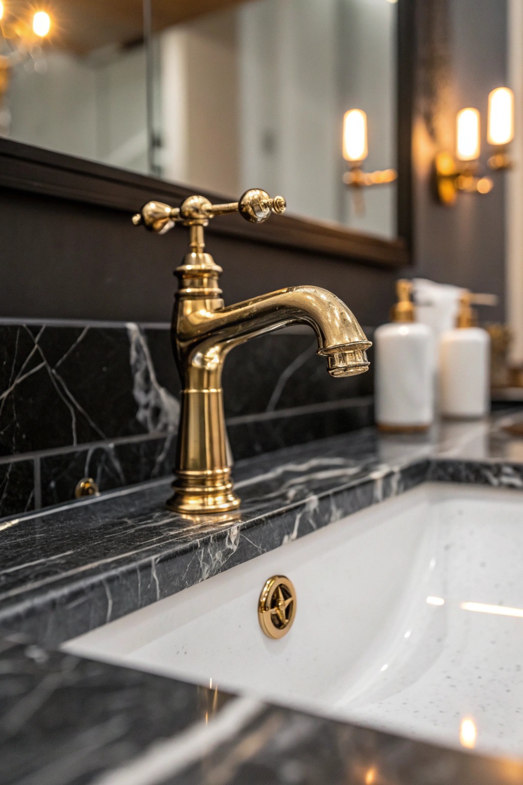 A touch of brass brings warmth and luxury to a black and white bathroom.
