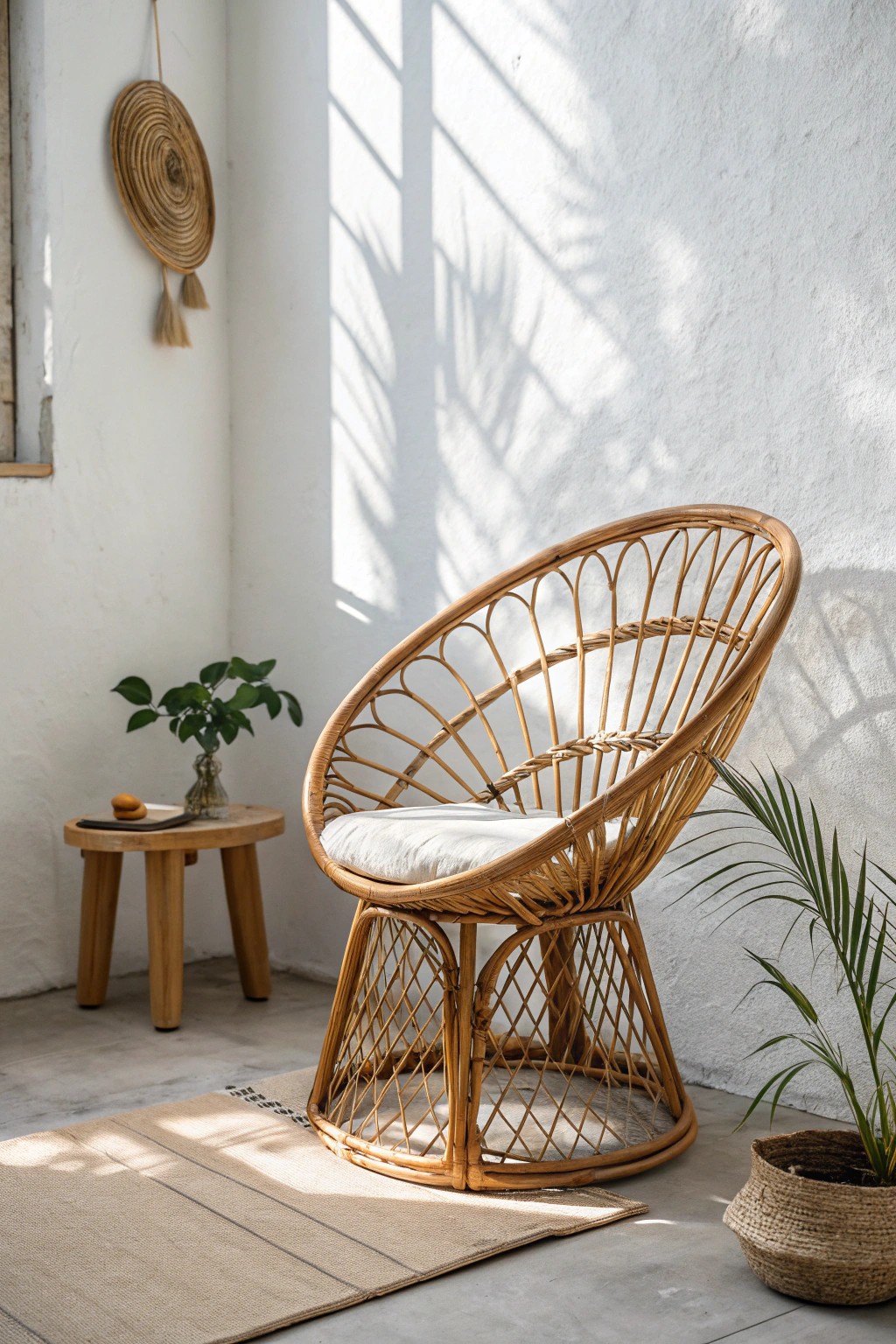 Effortless boho vibes: a rattan chair brings organic beauty and timeless charm to any space.
