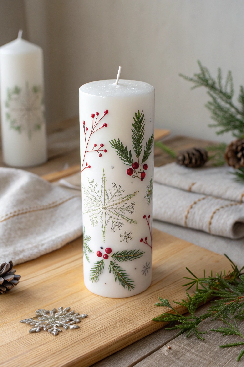 Festive candle art: hand-painted holly, pine, and snowflakes for a cozy Scandinavian holiday.