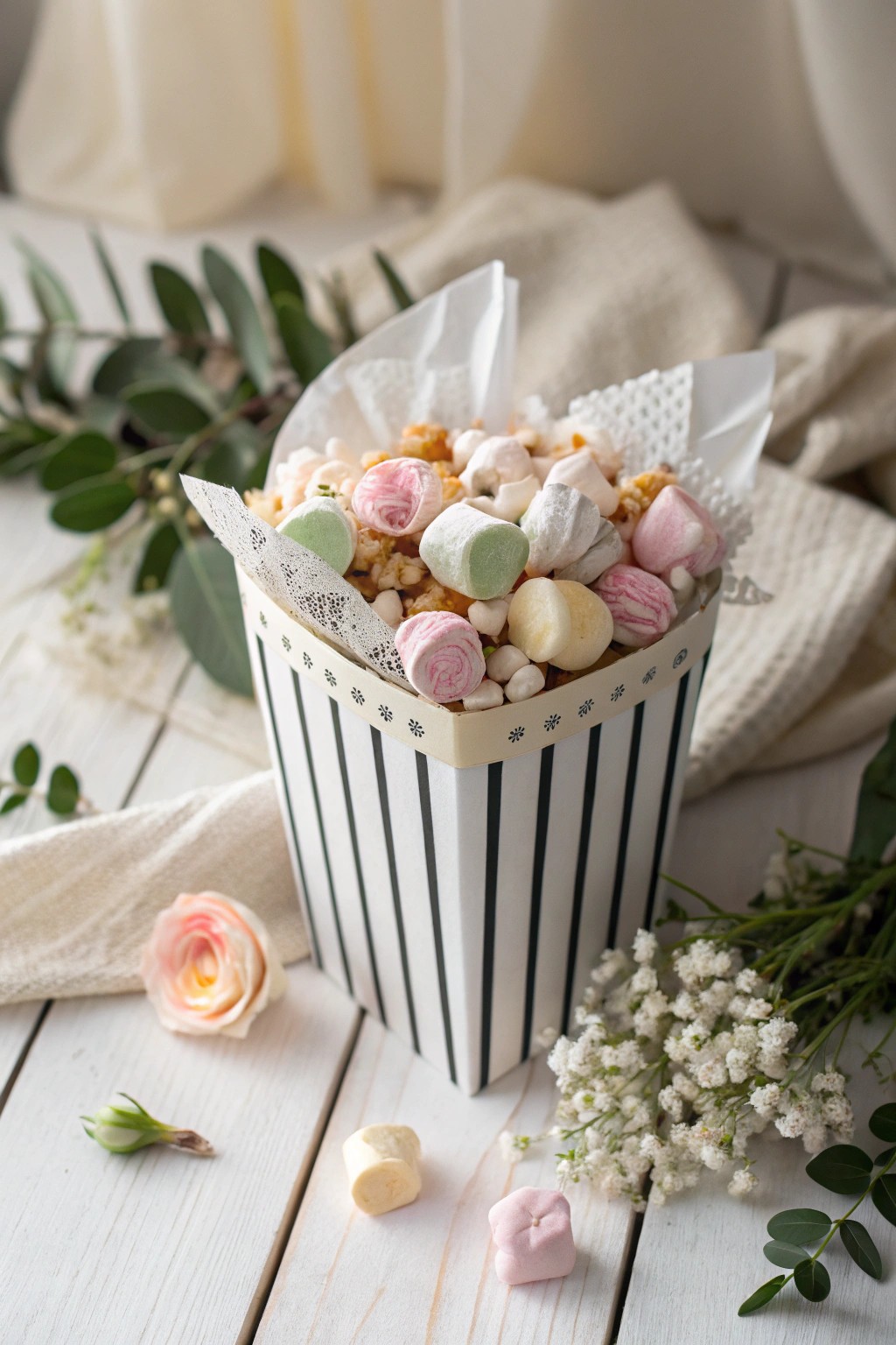Chic movie night: a minimalist candy bouquet in a striped popcorn box, perfect for cozy evenings.