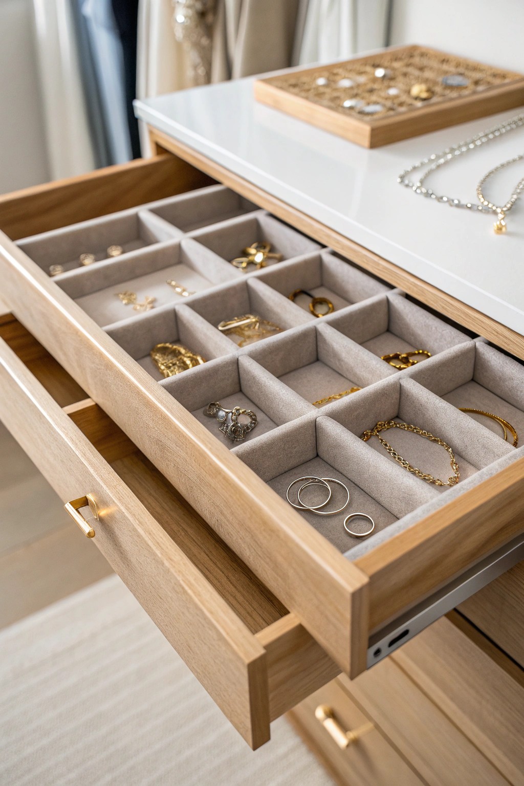A velvet-lined jewelry drawer: effortless organization meets natural beauty.