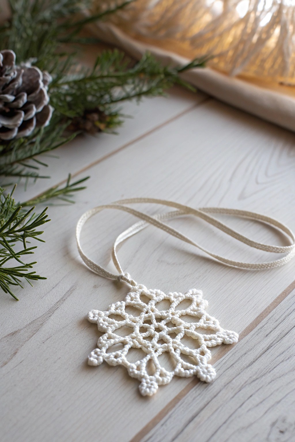 A handcrafted crochet snowflake ornament brings subtle seasonal charm and artisanal elegance to your decor.