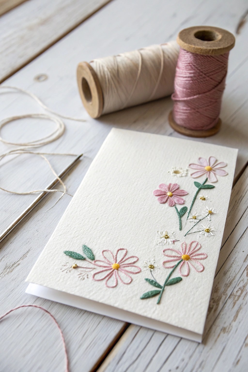 Minimalist hand-stitched card: delicate embroidery thread brings warmth and charm.