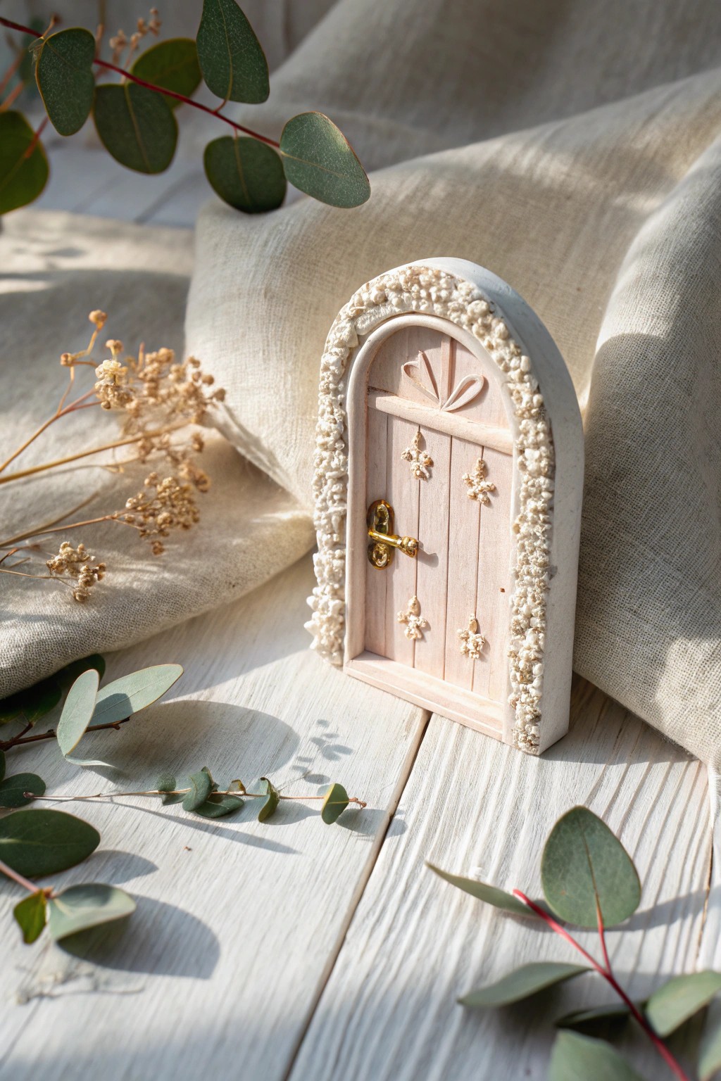 A whimsical clay fairy door brings a touch of magic and minimalist beauty to any corner.
