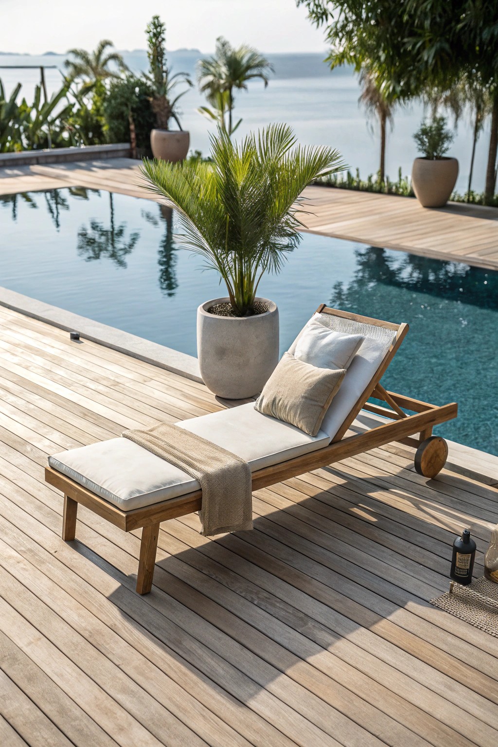 Elevate your poolside with natural wood and timeless simplicity.