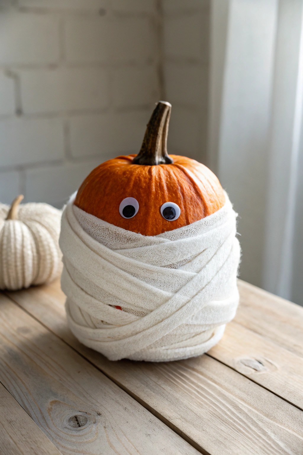 Chic and spooky: a handcrafted mummy pumpkin that brings playful charm to your fall decor.