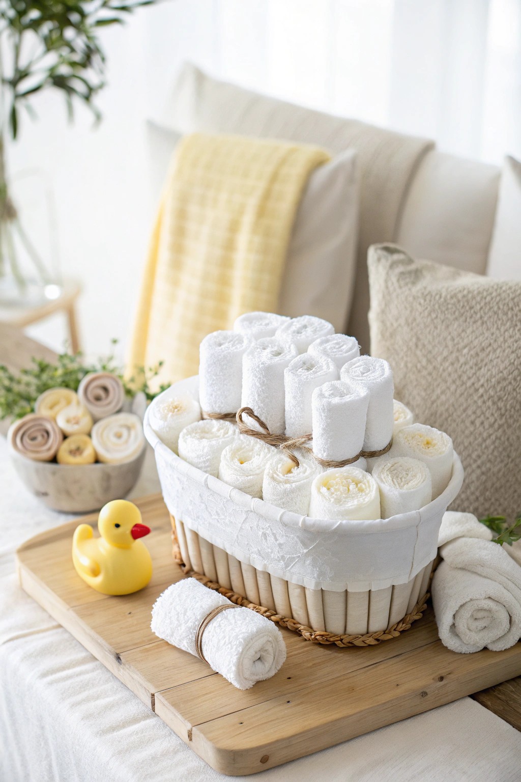 A charming bath time diaper cake: pure, simple, and oh-so-sweet for baby’s first memories.