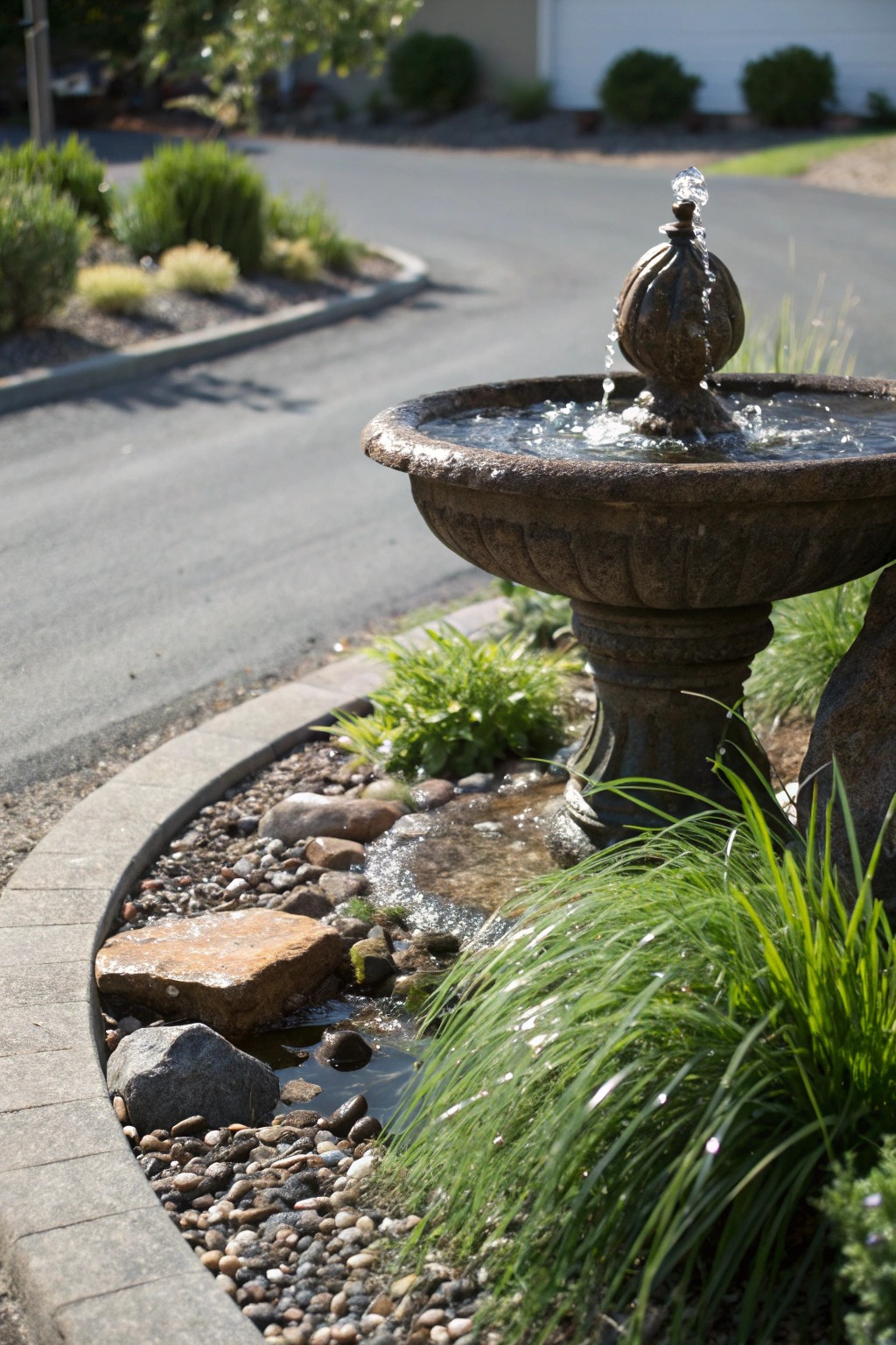 Elevate your driveway with the soothing elegance of a handcrafted bubbling water feature.