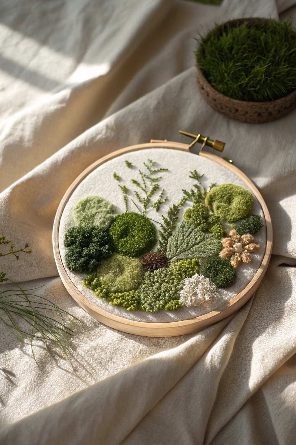 Bring woodland charm indoors—textured moss embroidery in soothing greens.