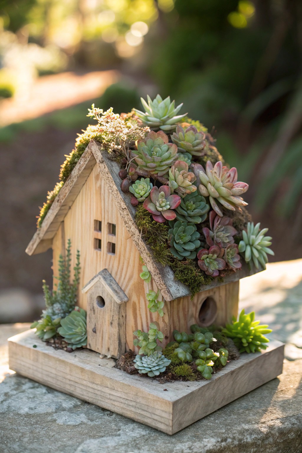 Whimsical fairy house with a lush succulent roof—nature and craftsmanship in perfect harmony.