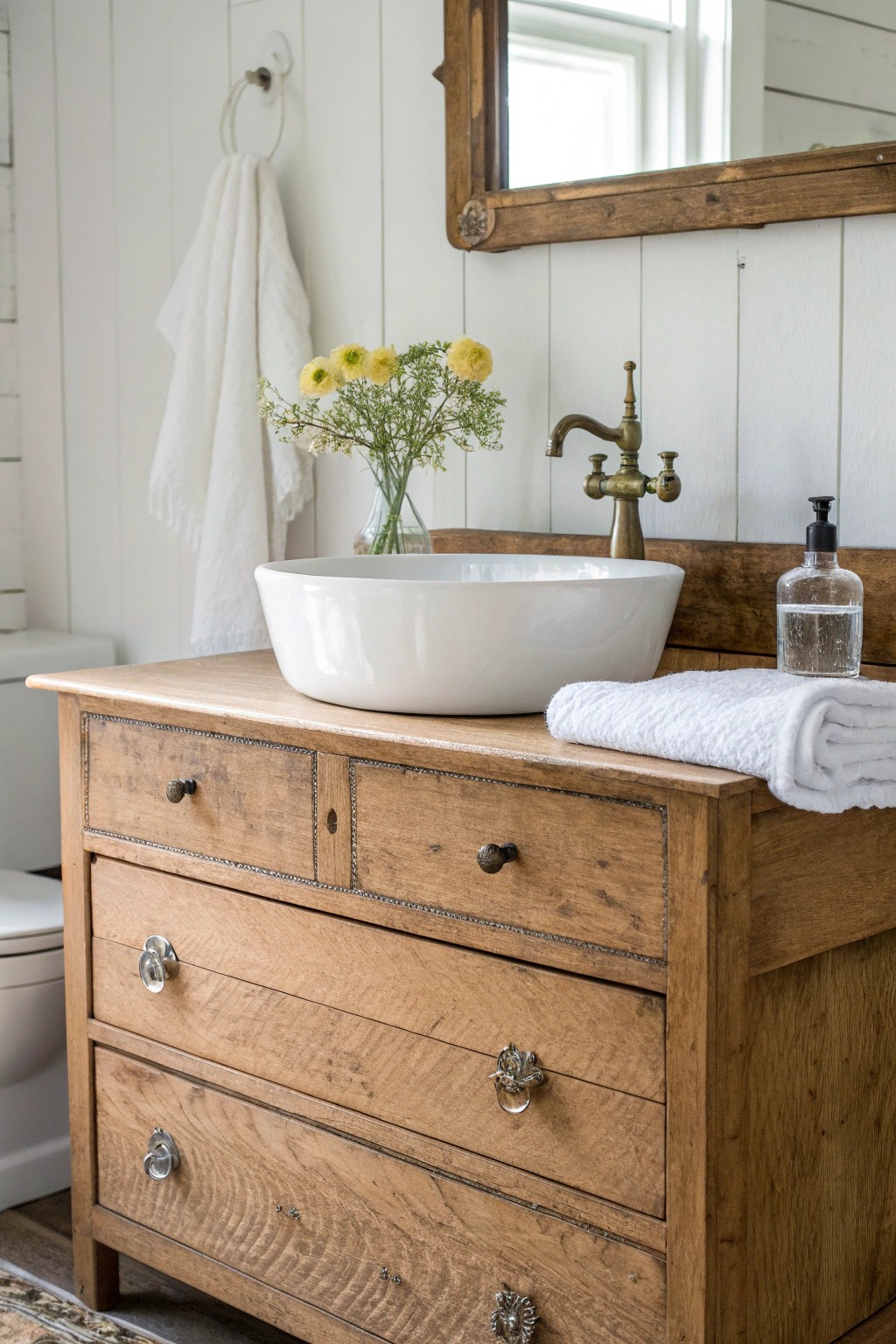 Old dresser, new purpose: rustic farmhouse vanity inspiration.