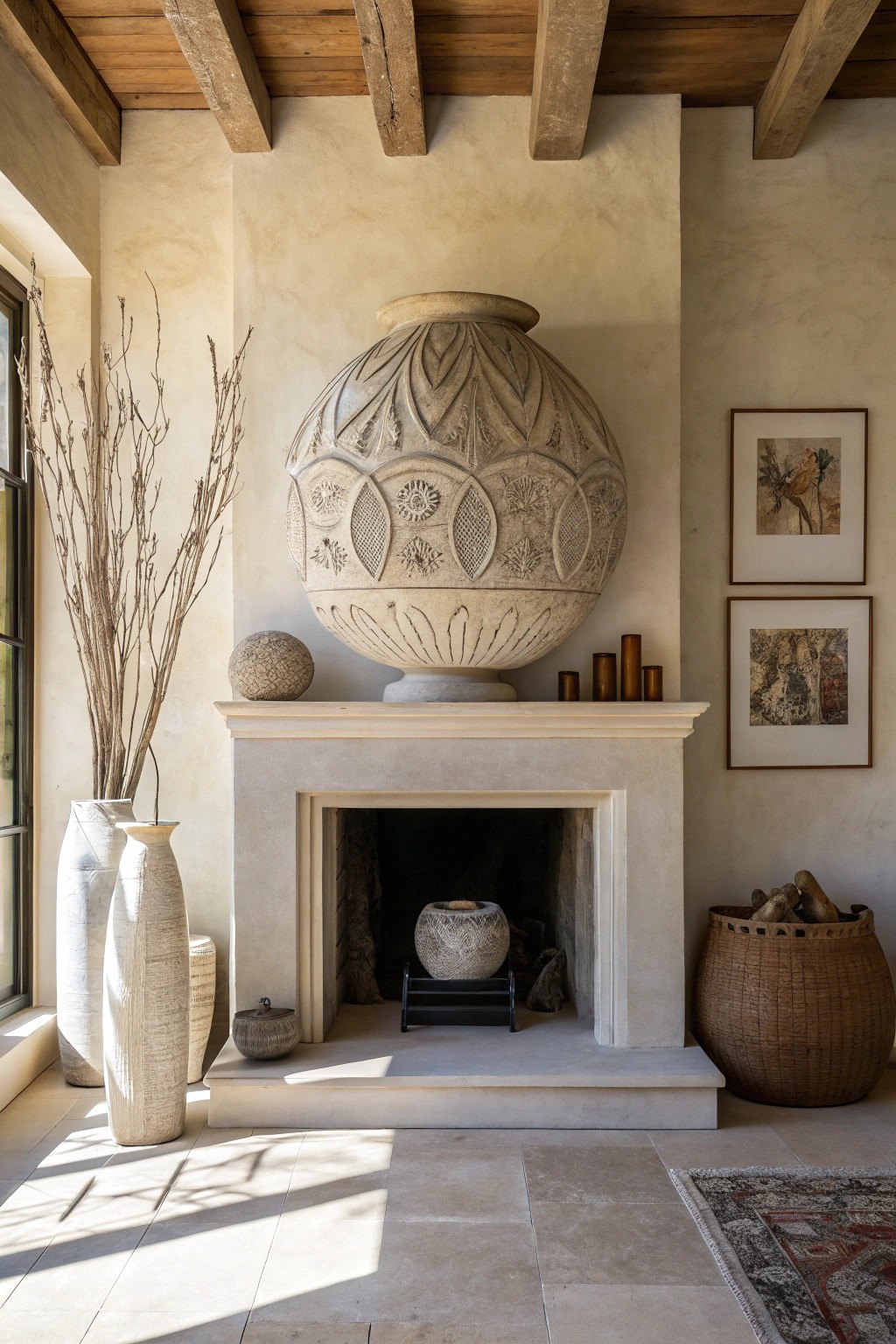 Turn your fireplace wall into a stunning gallery moment with bold, sculptural art.