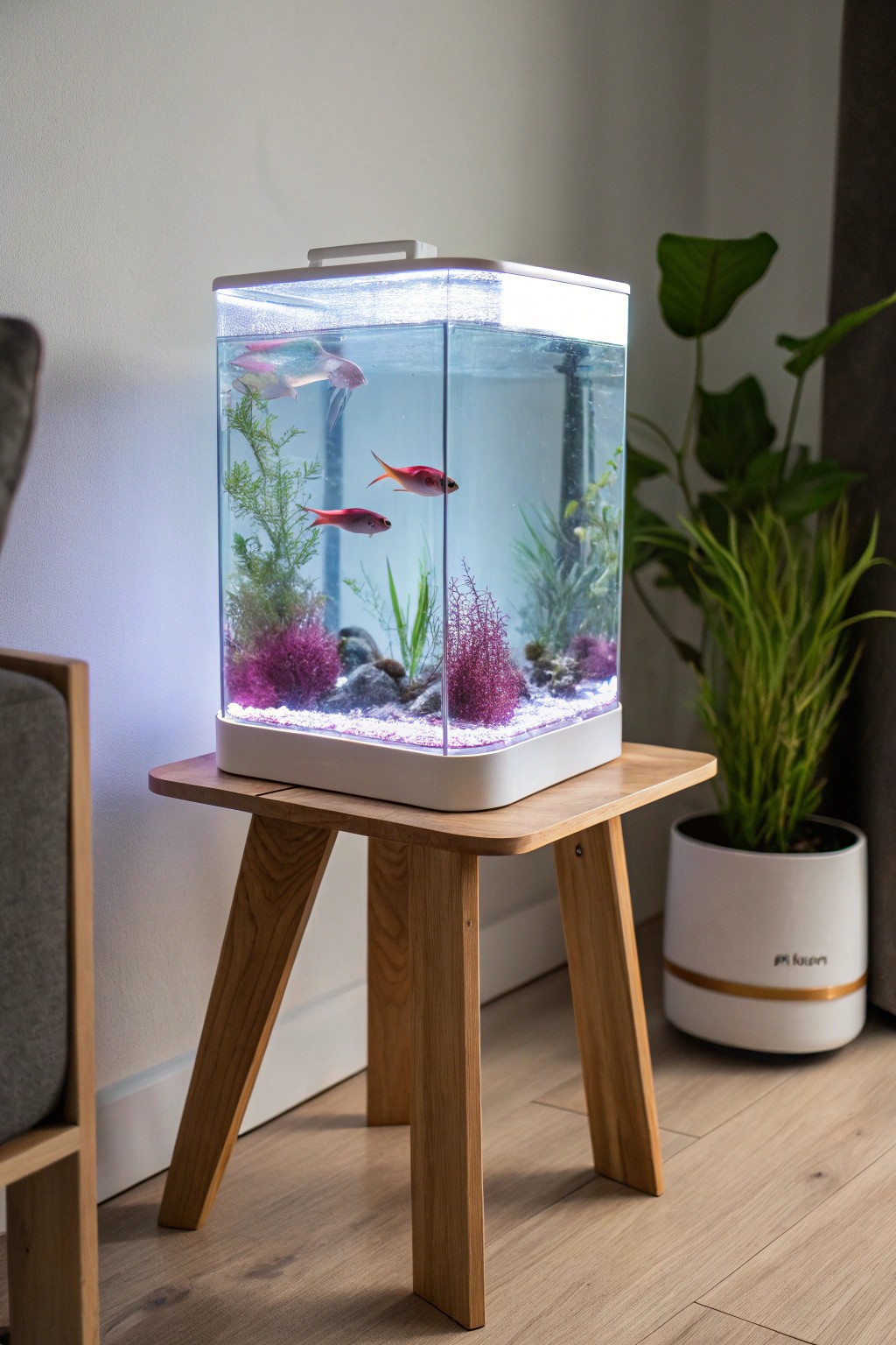 A serene fish tank glows with a mesmerizing, futuristic LED light show.