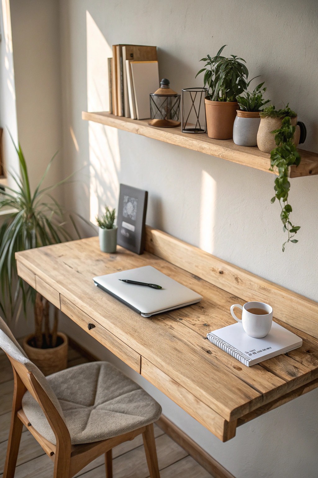 Elevate your home office with a minimalist floating desk shelf—where beauty meets function.