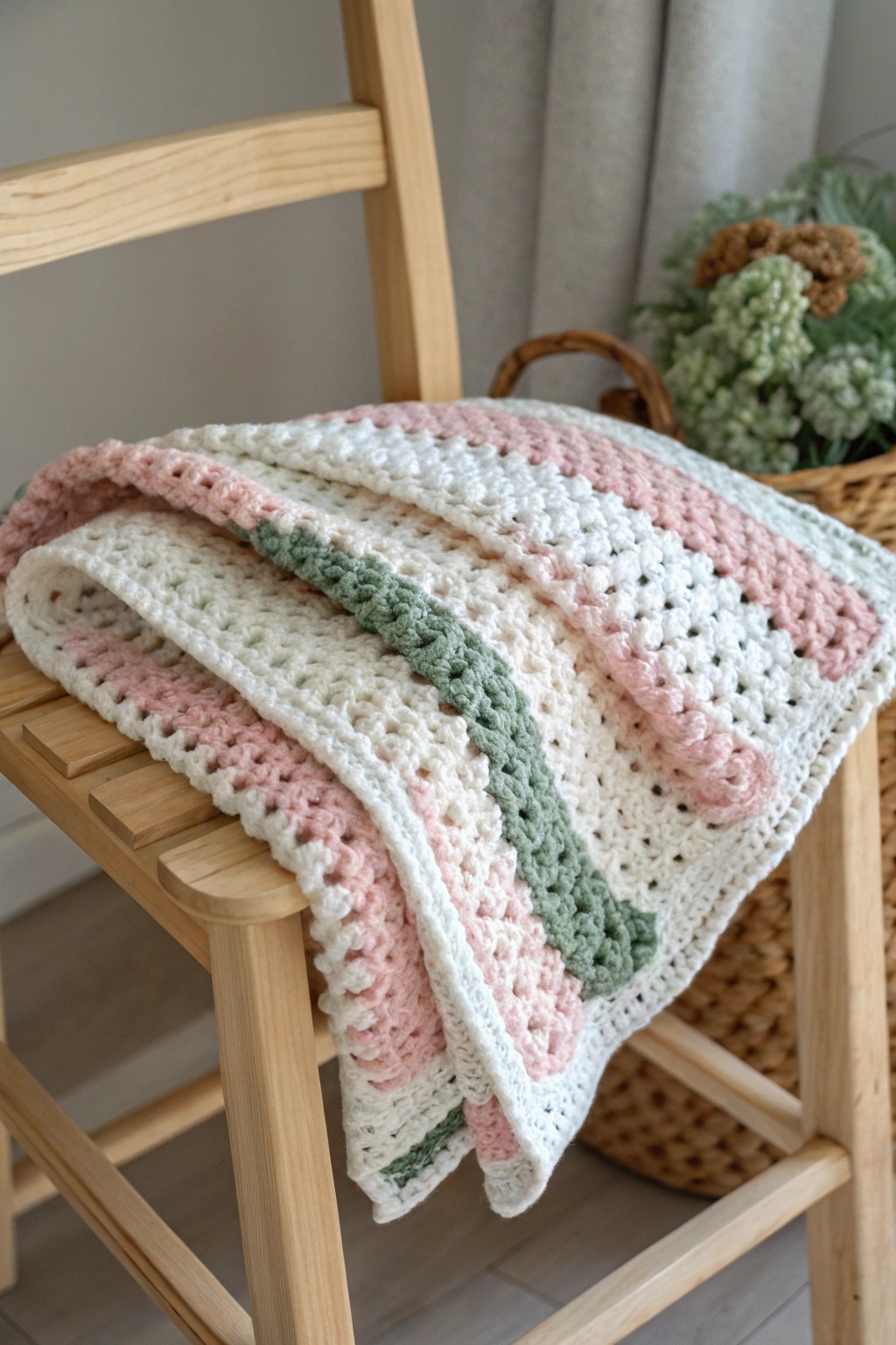 Pastel stripes and timeless crochet—Scandi-boho baby blanket perfection.