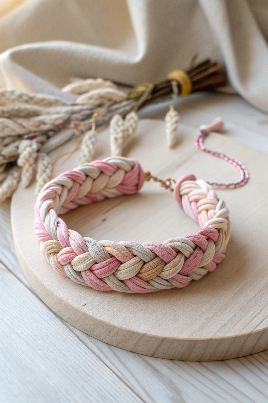 Chic, upcycled friendship: a hand-braided t-shirt yarn bracelet in soothing pastel hues.
