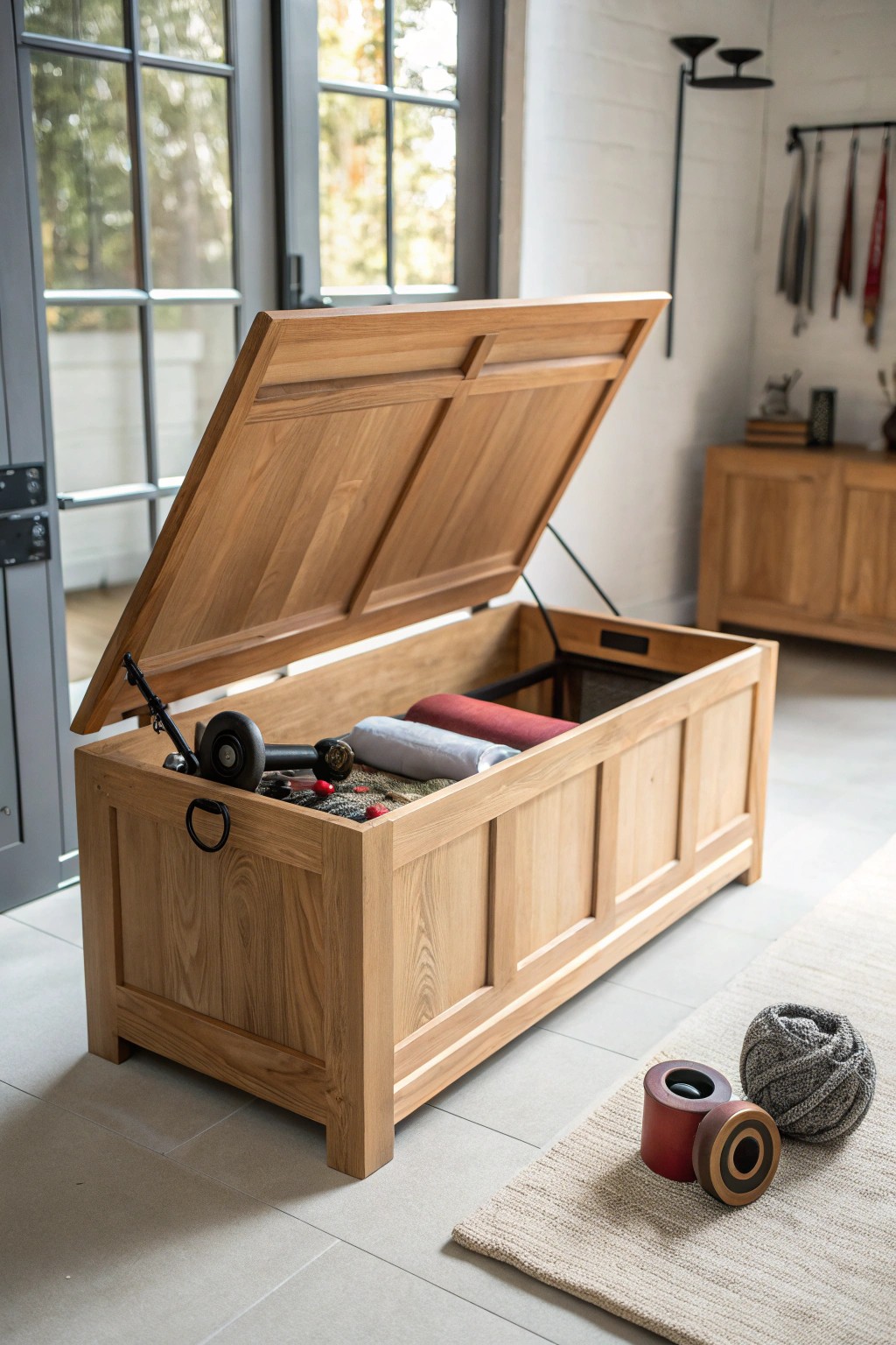 Simplicity meets function: the perfect storage bench for your home gym sanctuary.